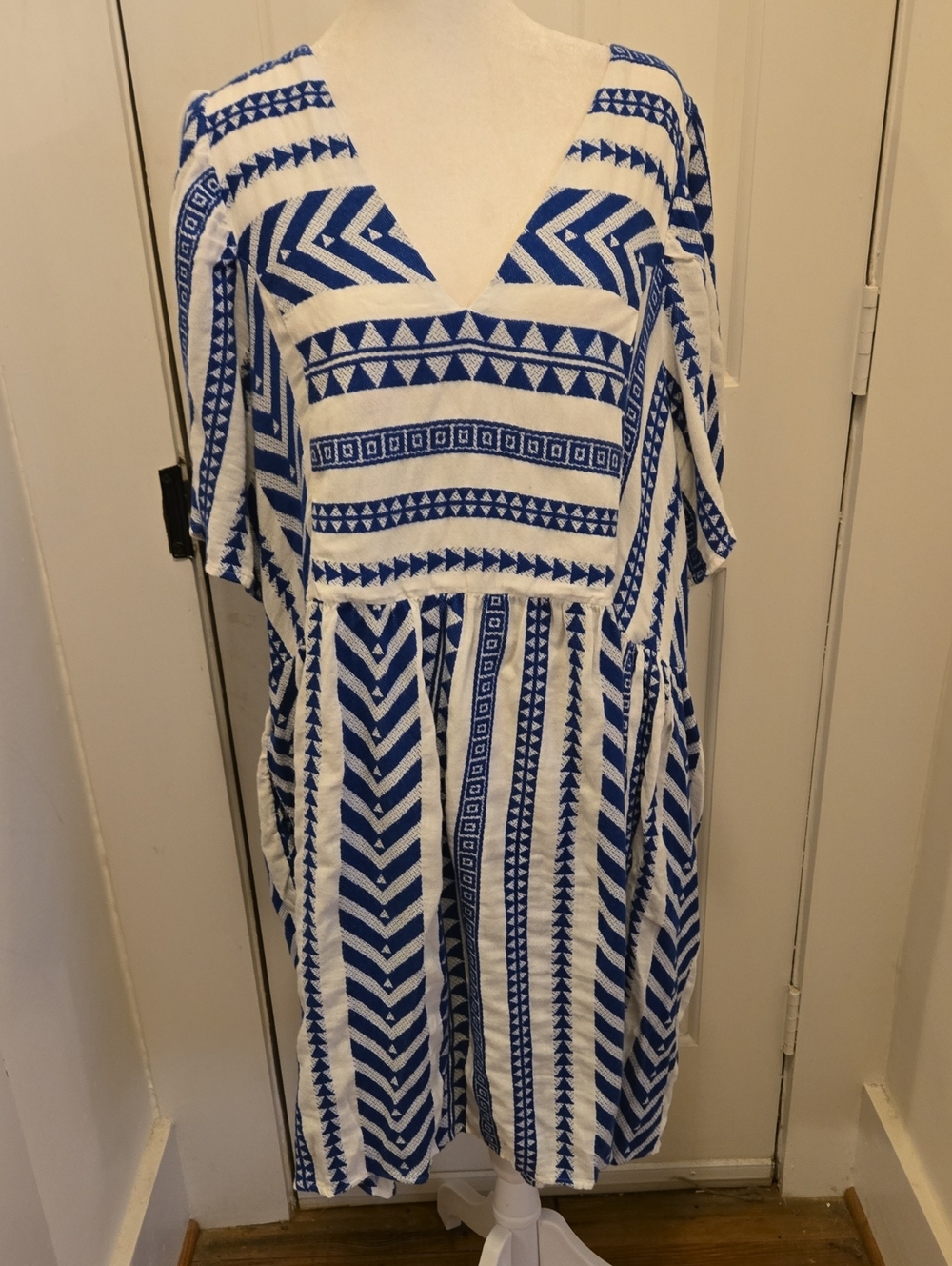 Old Navy Jacquard Volume Swing Mini Dress Blue & White Aztec XL